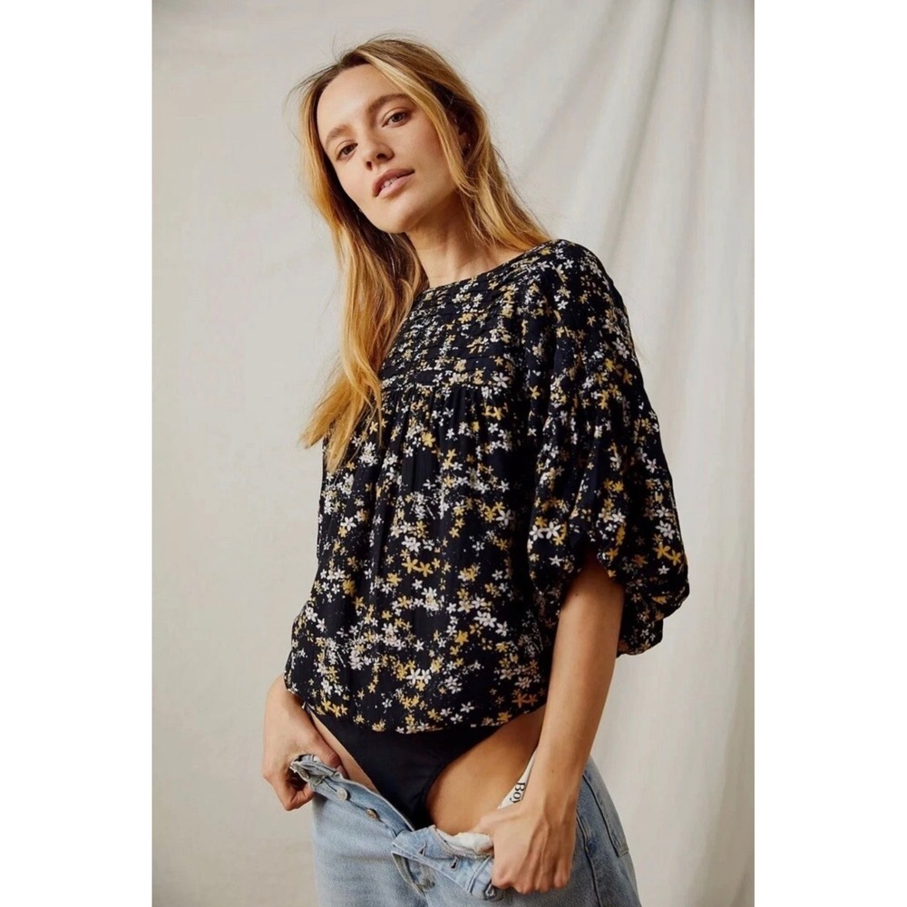 Free People Intimately Dessa Bodysuit Black Floral‎ Pintuck Puff Sleeve Size S